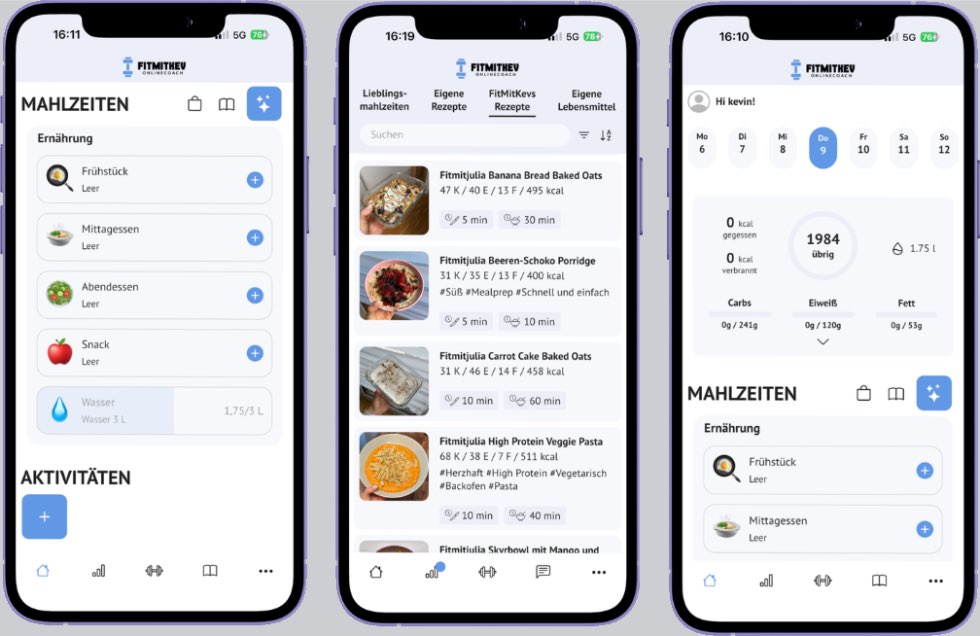 Drei Ansichten der Fit-mit-Kev-App: Mahlzeiten eintragen, Rezept-Datenbank und Tagesübersicht mit Kalorien und Makros