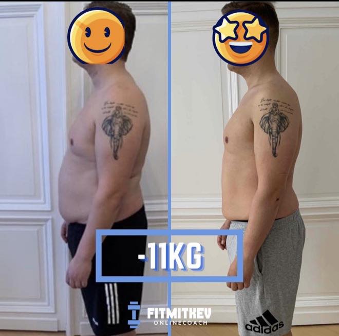 Vorher-Nachher-Vergleich eines Kunden von der Seite, 11 Kilogramm abgenommen